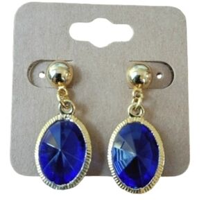 Gold Blue Drop Earrings Oval Sapphire Style Dangle Elegant Statement Vintage